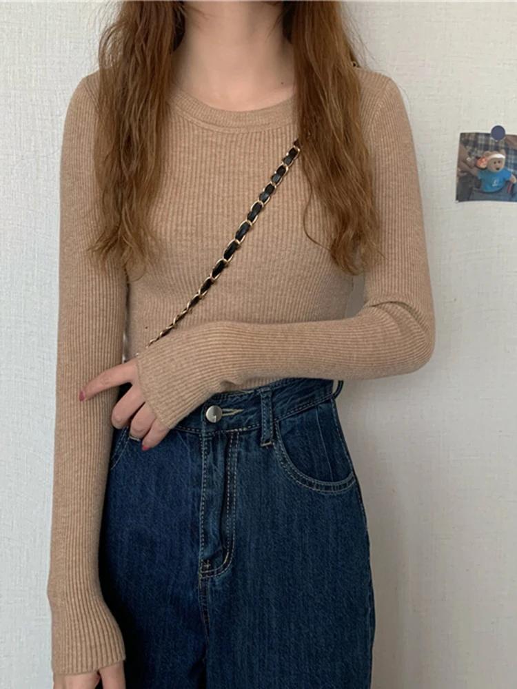 Nouveau Pull Femme 2026 Automne Hiver Manches Longues Col Rond Élastique Tricoté Uni Tendance