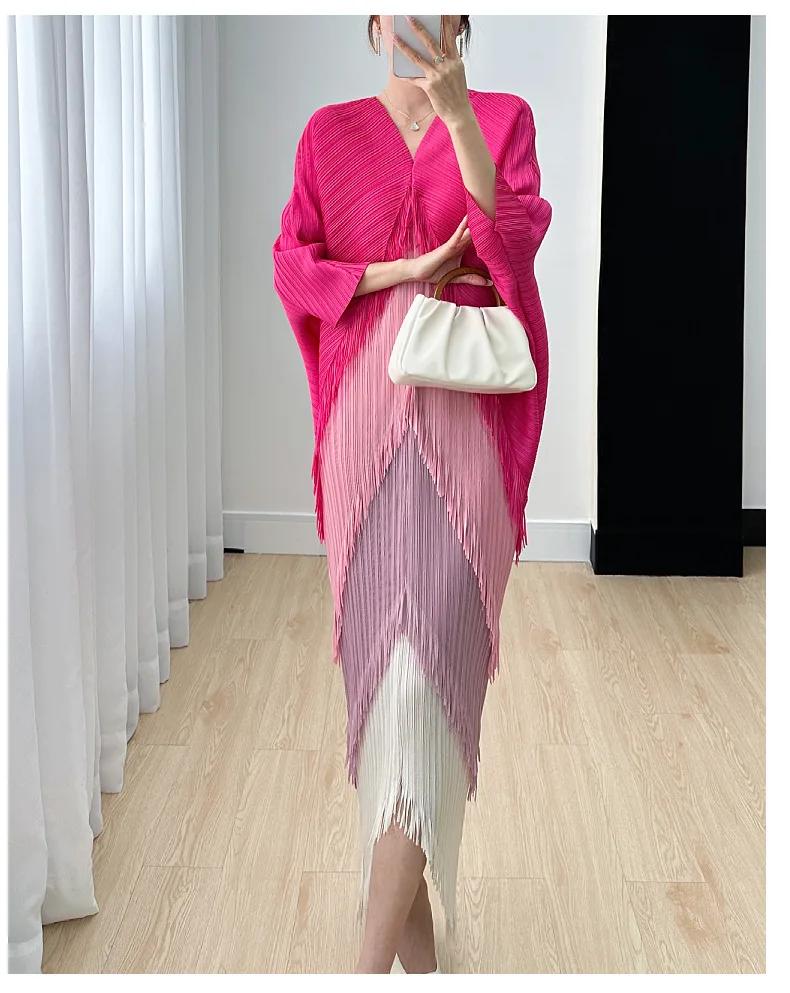 Robe plissée à franges pour femme, col en V, manches chauve-souris, épissure, mode, printemps, été,