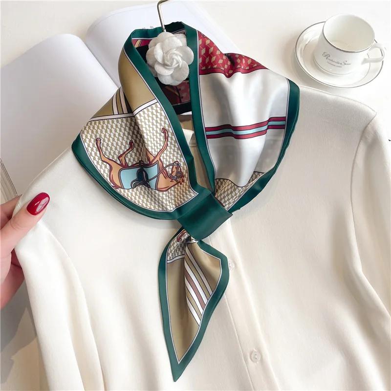 Marque de luxe imprimé cheval foulard maigre écharpe pour femmes Satin rubans de soie Bandana dames