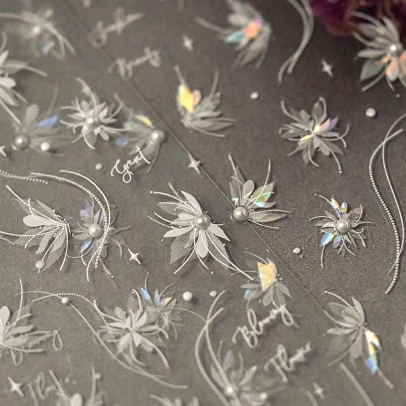 Autocollants pour ongles translucides 5D, haute qualité, en relief, blanc pur, perle dahlia, strass