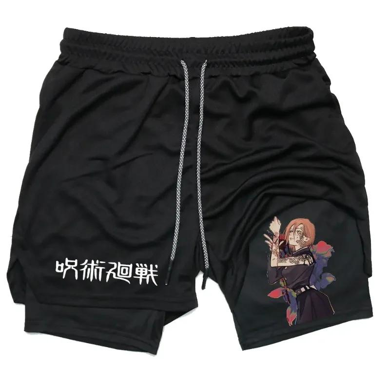 Short de compression 2-en-1 pour hommes, idéal pour la gym, la course et l'athlétisme, motif Anime J