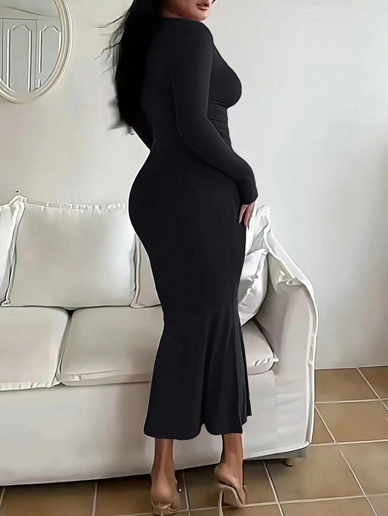 Robe moulante à manches longues pour femmes, robe longue Chic basique minimaliste décontractée à la