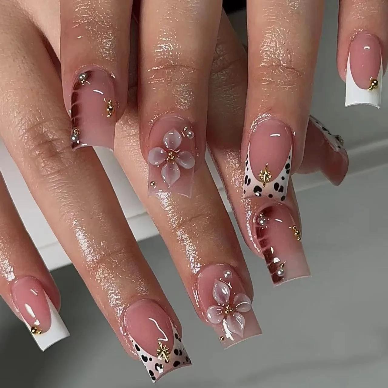 24 pièces Simple français presse sur faux ongles court carré presse sur ongles fleur strass faux ong