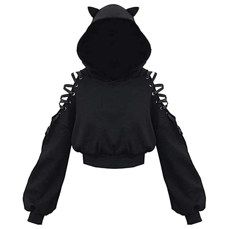 Y2k gothique femmes à capuche chat oreille haut court sweat à capuche évider à lacets à manches long