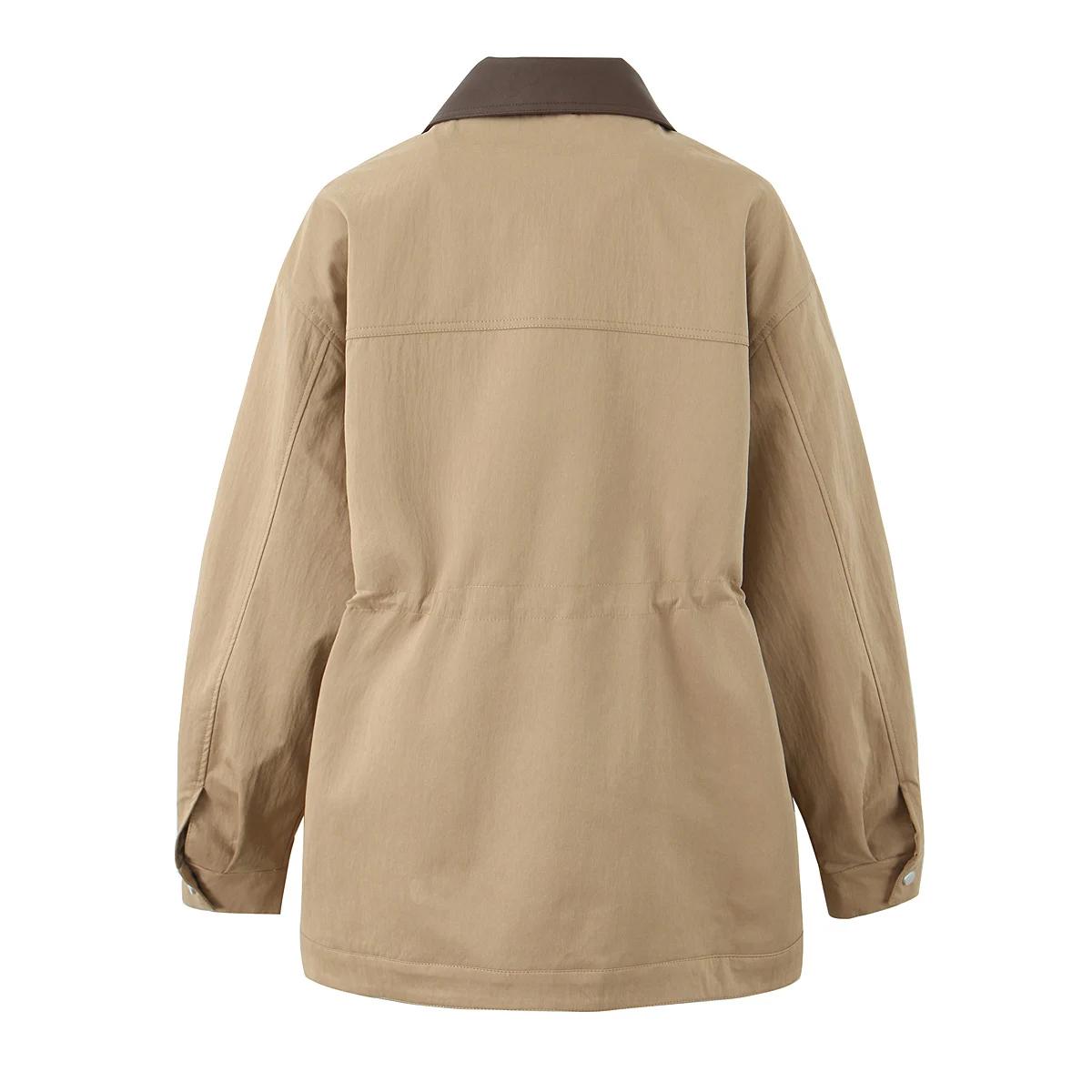 Manteau Safari en Faux Cuir Épissé pour Femme, Veste à Fermeture Éclair, 2 Poches Avant, Taille arti