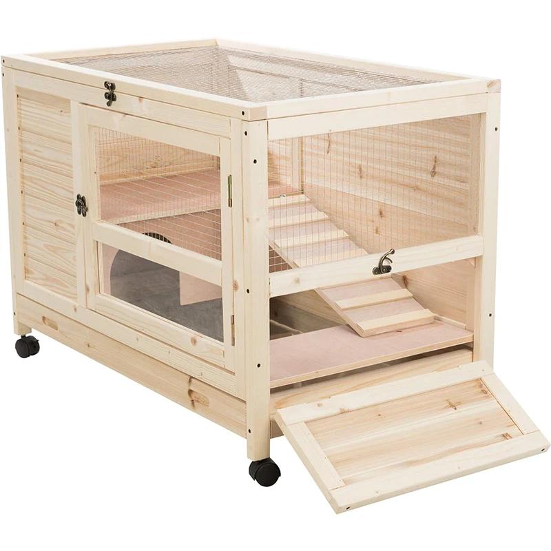 Lapin en bois à 2 niveaux pour l'extérieur, chalets avec rampe, roues, manipulation, mouvement, inst