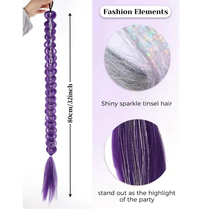 Queue de cheval synthétique tressée violette de 32 pouces avec paillettes, extensions super brillant