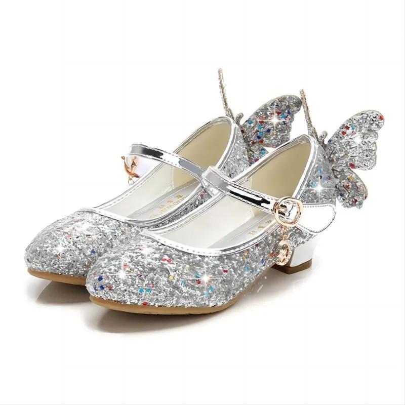 Chaussures princesse papillon en cuir pour enfants, chaussures à talons hauts avec nœud papillon en