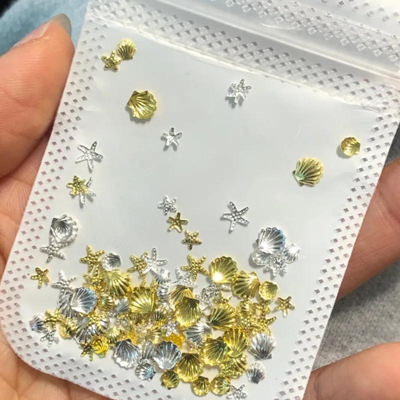Breloques pour ongles en forme d'étoile de mer, coquille d'océan, métal doré et argenté, décoration