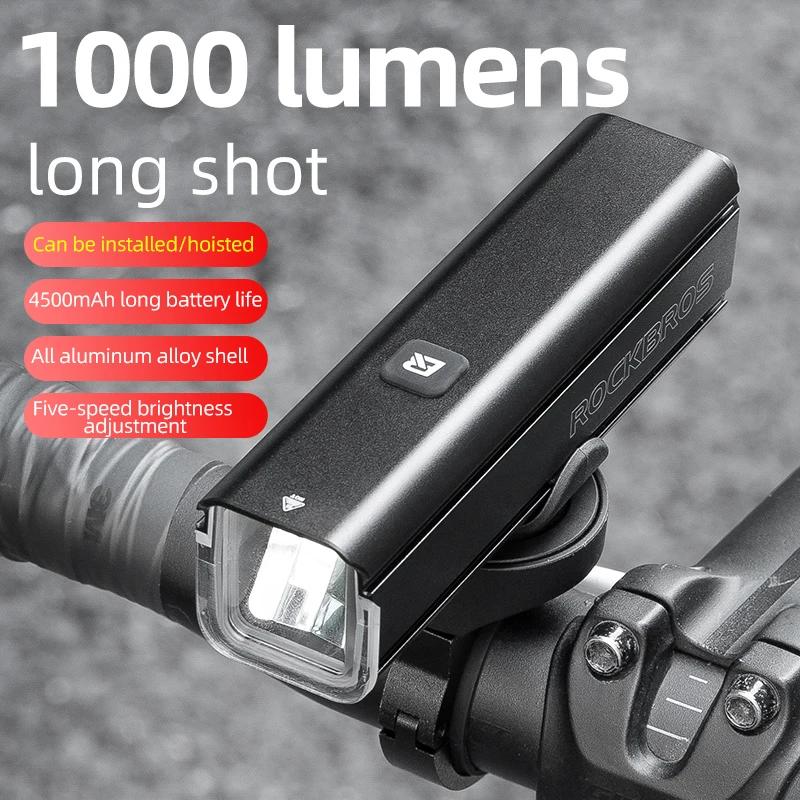 ROCKBROS – lumière de vélo 1000lm 4500mAh, lampe de poche IPX6, feu avant en aluminium, charge de Ty