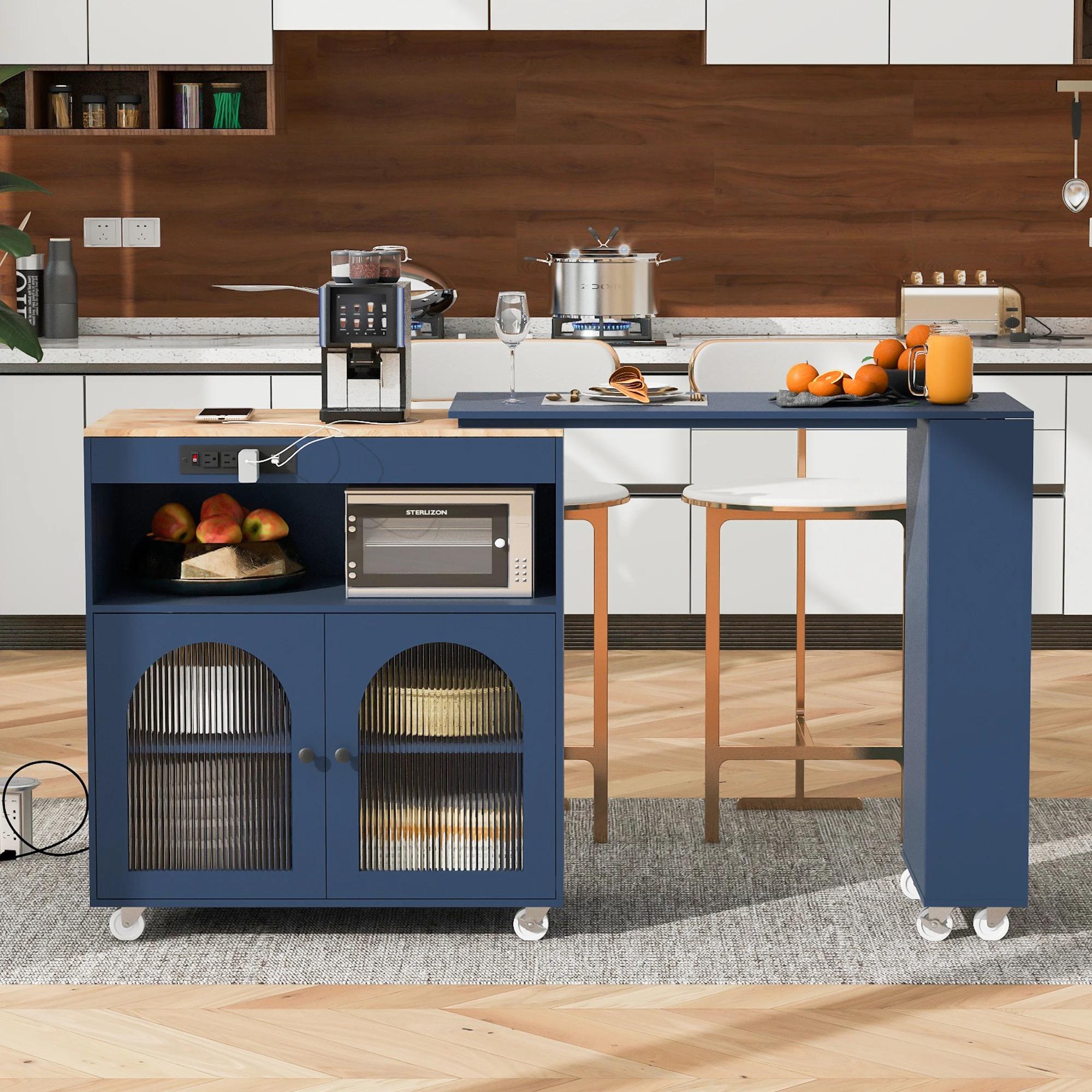 Îlot de cuisine roulant avec table arc-en-ciel, îlot de cuisine à roulettes avec lumières LED, prise