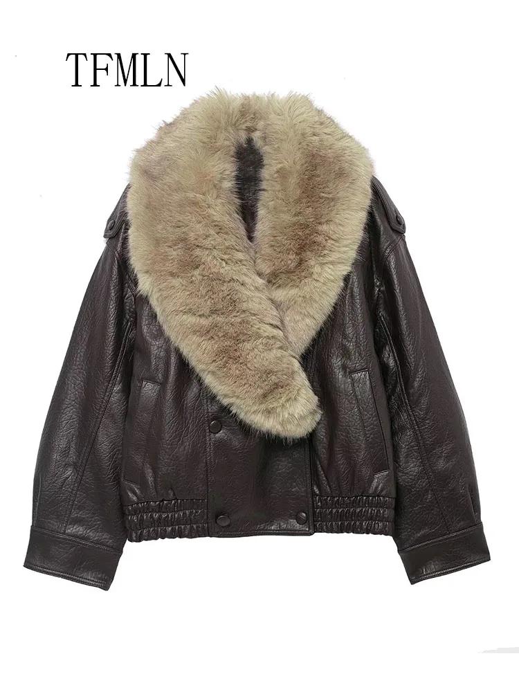 TFMLN 2025 hiver femmes veste en simili cuir ample mode retiré grand col de fourrure manteau décontr