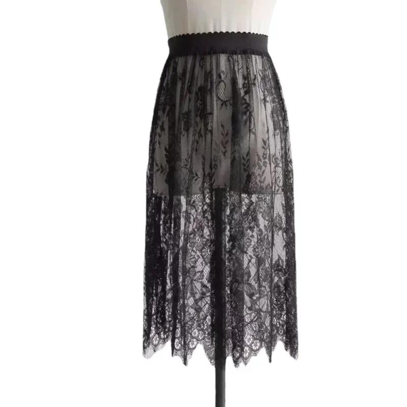 Été femmes maille dentelle Transparent longue Tulle jupe mode coréenne Sexy dames élastique taille h