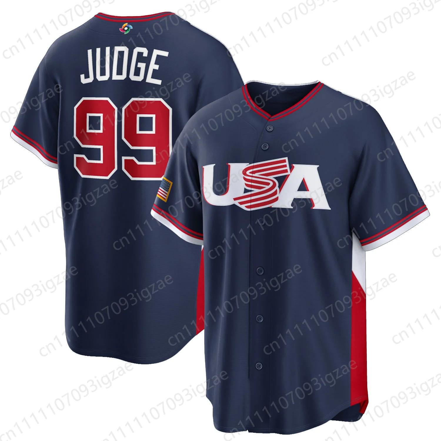 Nouveau Maillot de Baseball Classique Unisexe Équipe USA 2026 Judge 99 Bleu Marine à Boutons pour l'