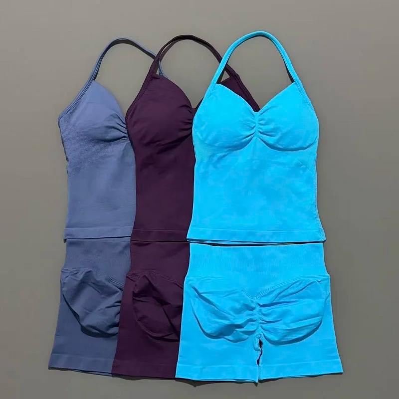 Yoga 2 pièces ensemble de gymnastique femmes dos nu haut à licou taille haute sans couture Shorts co