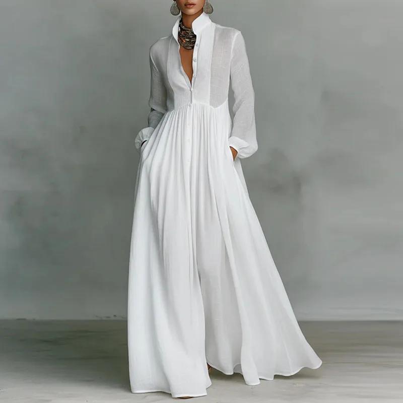 Robe longue élégante à taille haute pour femme, style swing, avec poches, plissée, pour le printemps
