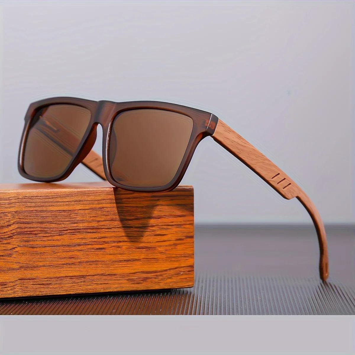 Lunettes de soleil carrées décontractées, Grain de bois, charnières à ressort, Protection UV400, uni