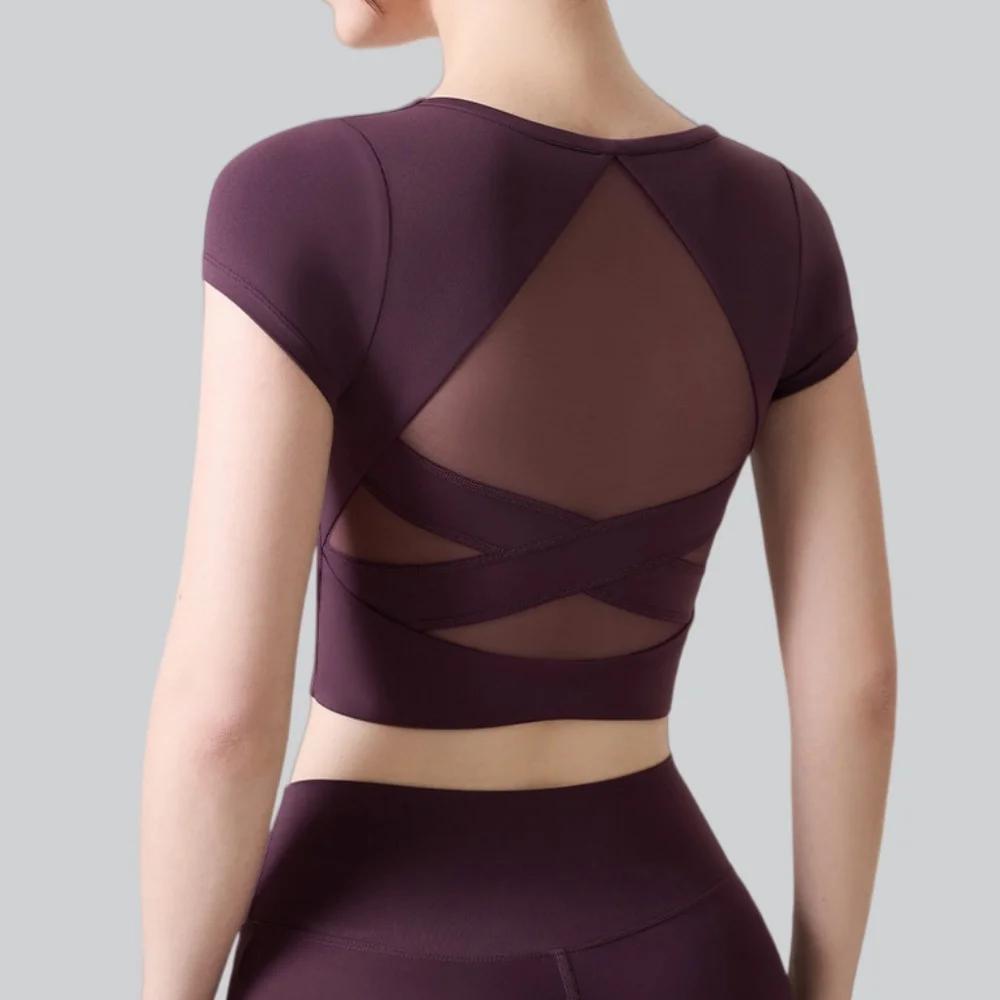 Haut de yoga pour femmes avec coussinets de poitrine, vêtements de fitness pour Pilates, t-shirt de