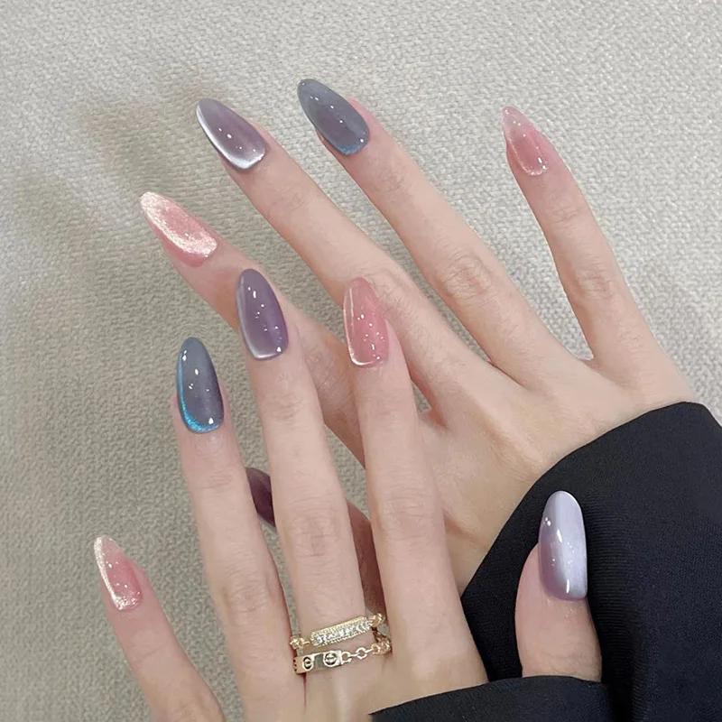 Faux ongles en forme d'amande à paillettes simples, avec colle, Design d'ongles ballerine, doux et f