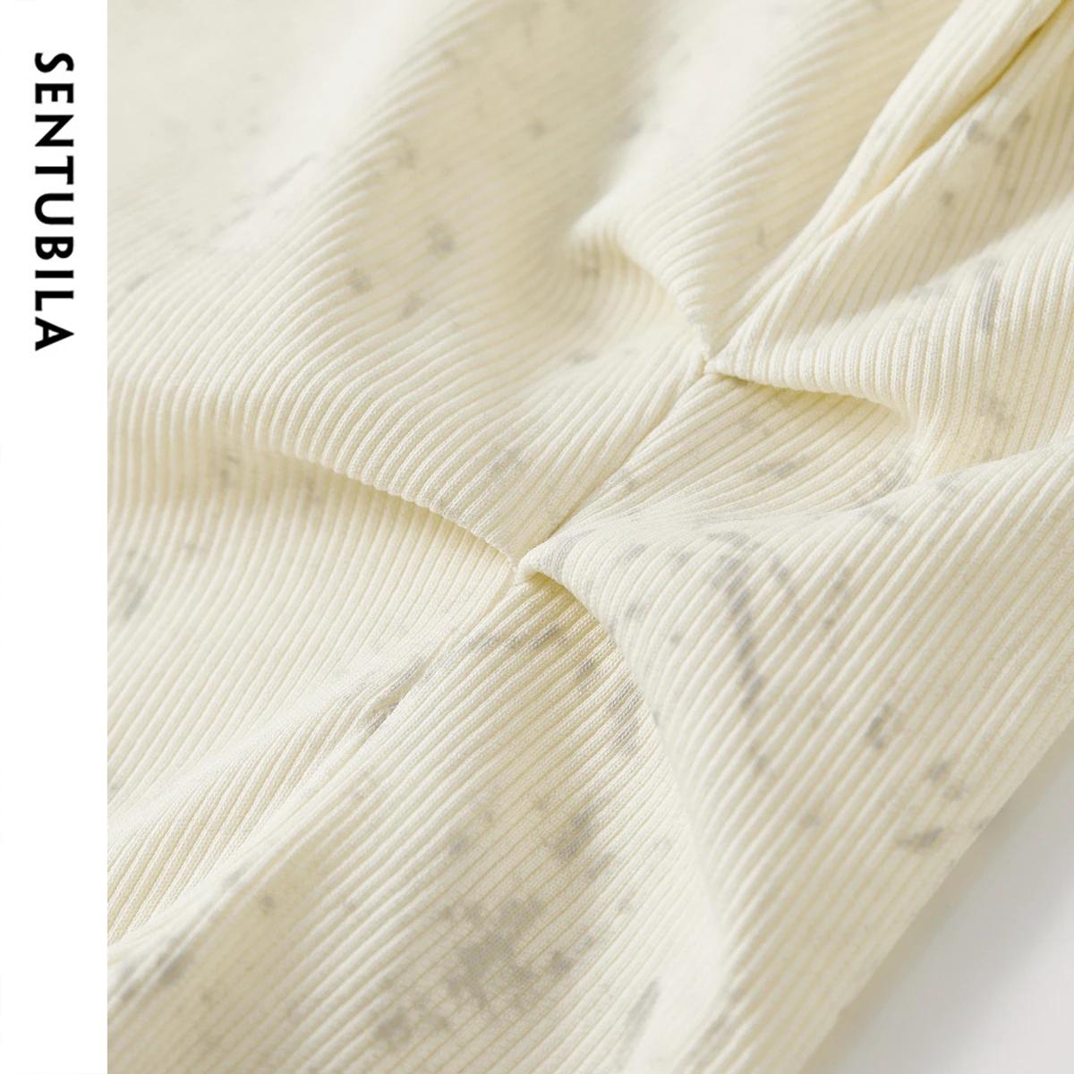 T-shirt en coton imprimé SENTUBILA pour femme, plissé irrégulier, tricoté, col rond, manches longues