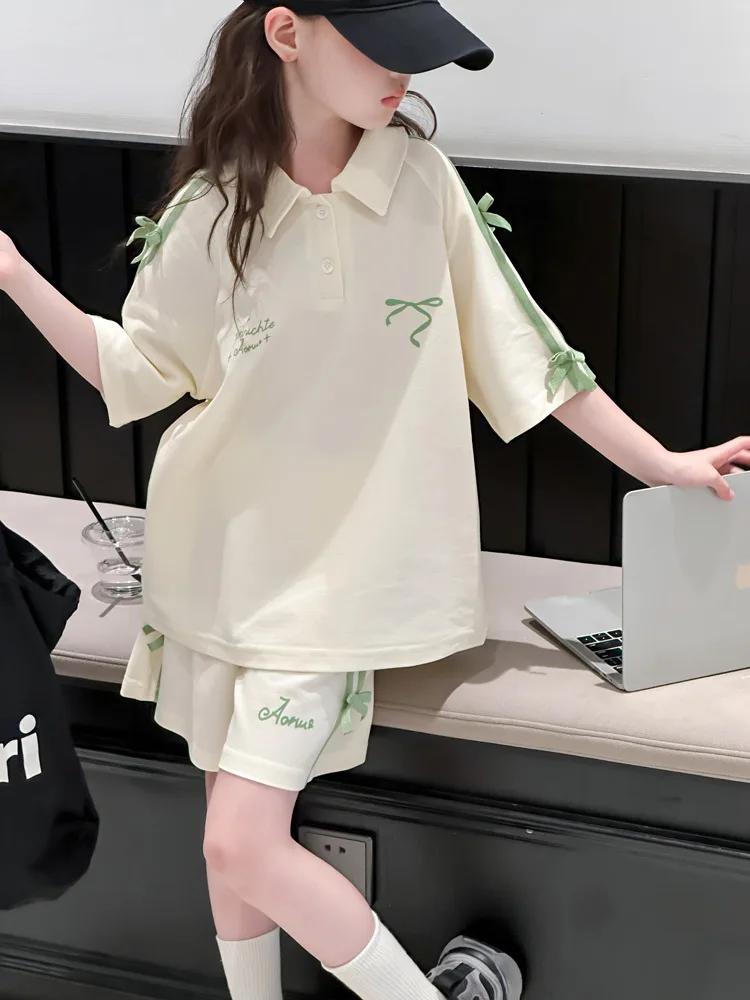 T-Shirt de sport d'été pour filles, costume avec nœud en sangle, pour grands enfants, Version coréen