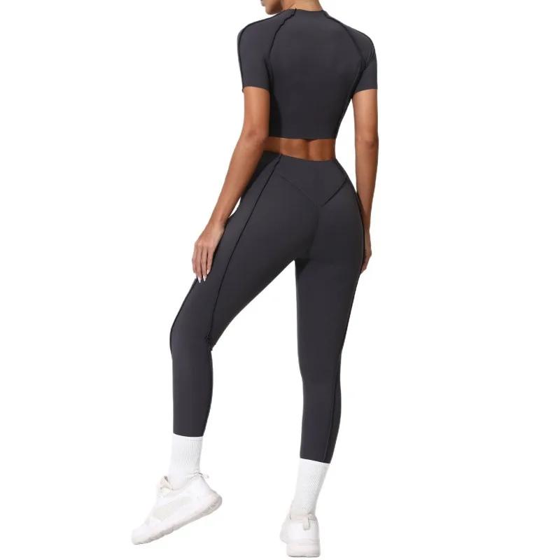 Combinaison yoga fitness femme - Haut manches courtes moulant pantalon levage hanches ensemble sport
