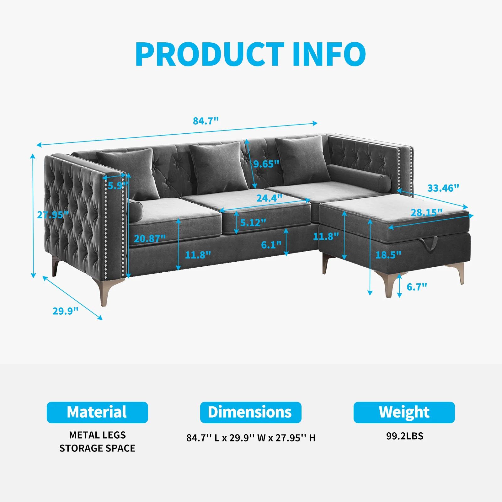 HORGgland-Canapé sectionnel convertible O, canapé en forme de L avec coussin de jet et coussin de tr