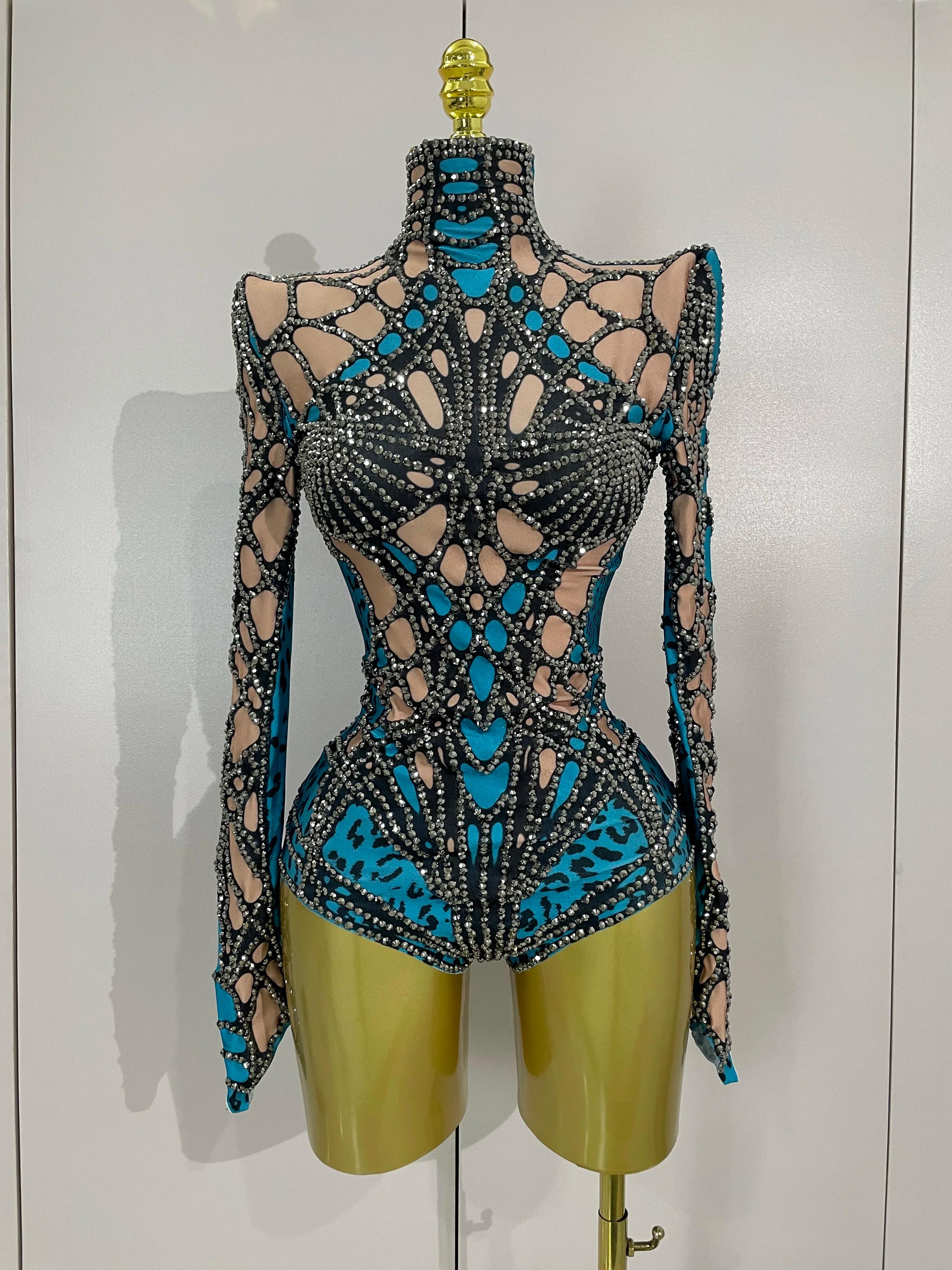 Body extensible à manches longues avec strass scintillants pour femmes, Costume de soirée de luxe po