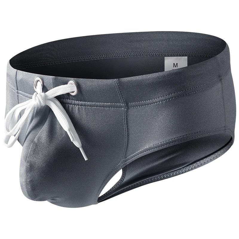 Slip de bain homme couleur unie taille basse avec cordon de serrage, séchage rapide, double couche,