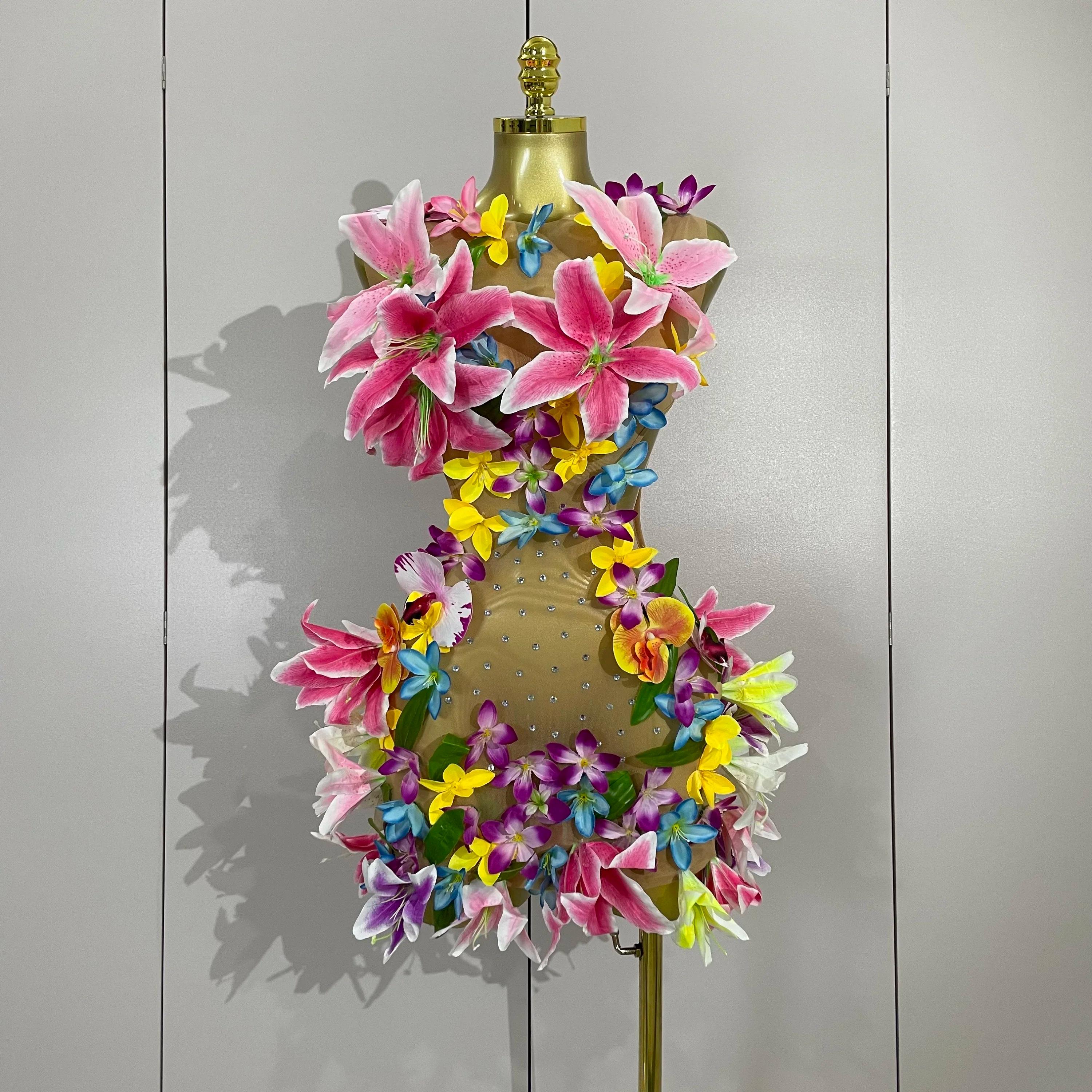 Femmes soirée robes de fête d'anniversaire fleurs colorées sans manches Sexy maille voir à travers M