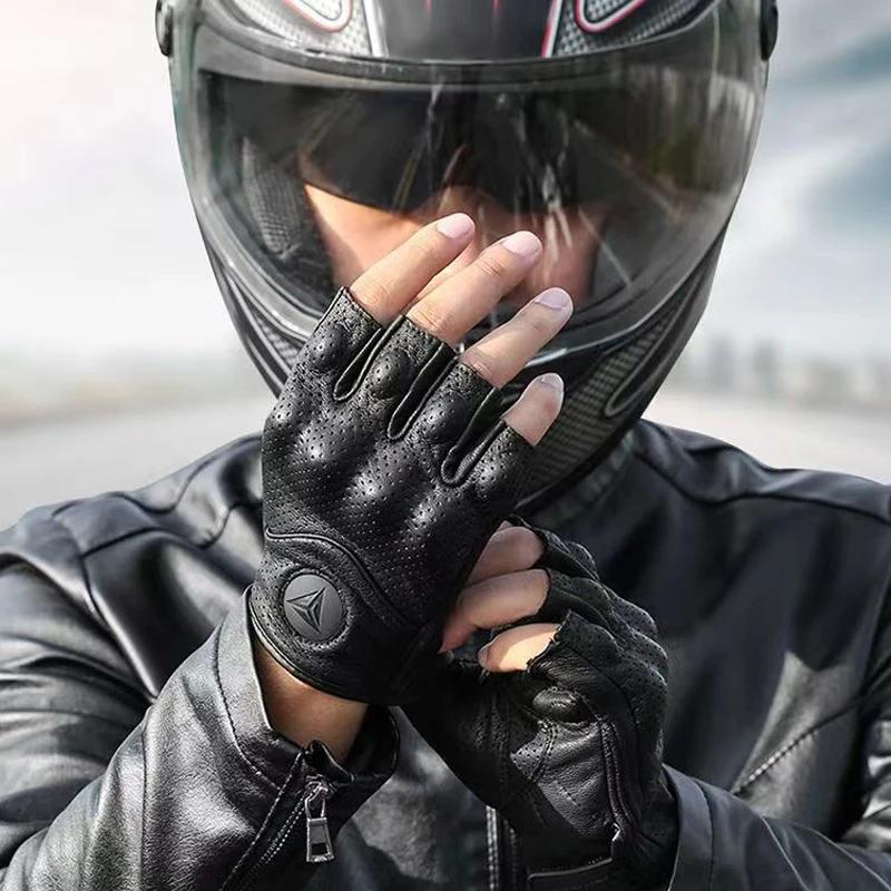 Gants de Moto d'été sans doigts, accessoires en cuir de chèvre, demi-doigt, Motocross Gant Moto Guan