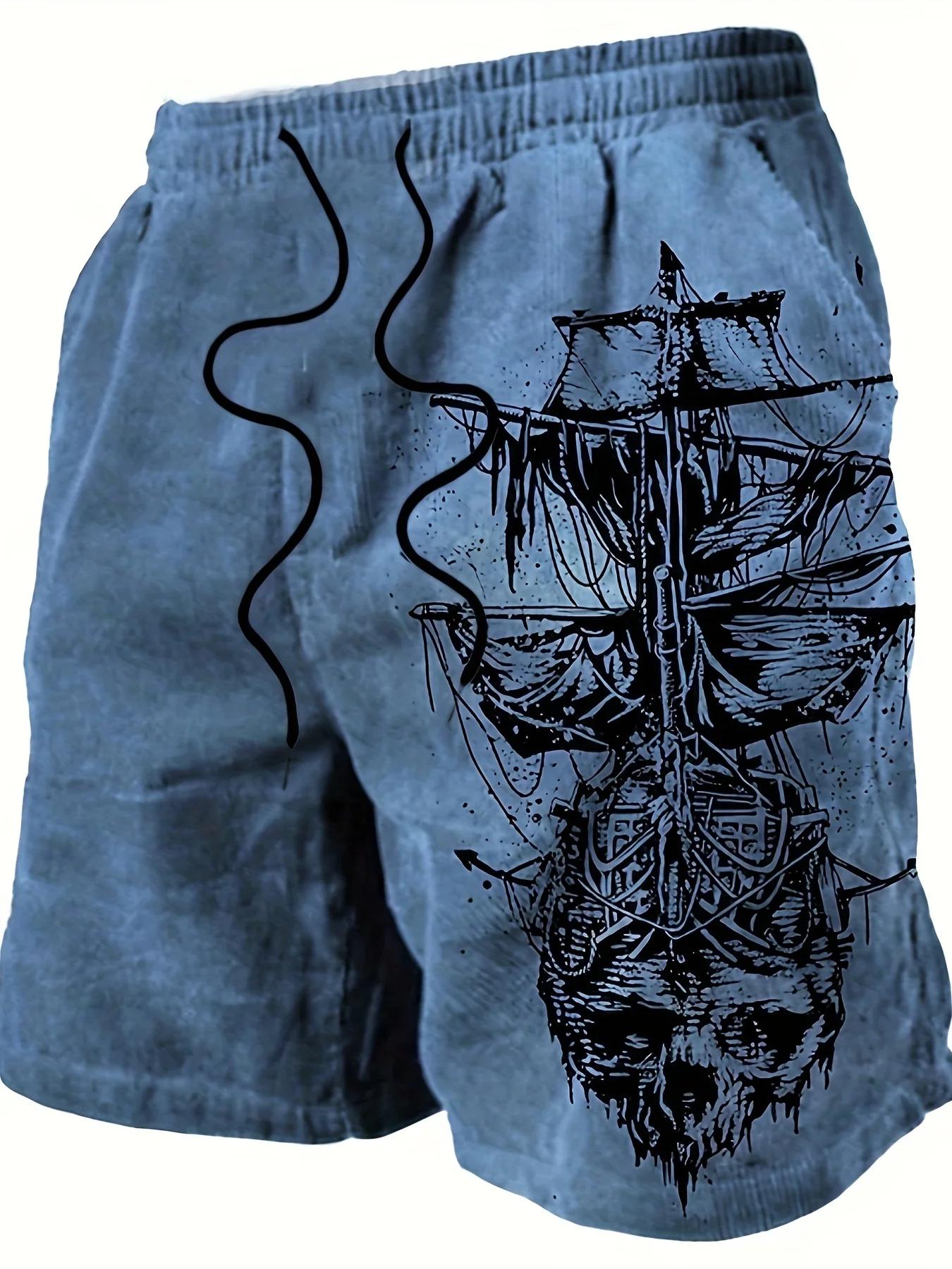 Short de bain pour hommes, séchage rapide, crâne de pirate, voilier, cordon de serrage, short de pla