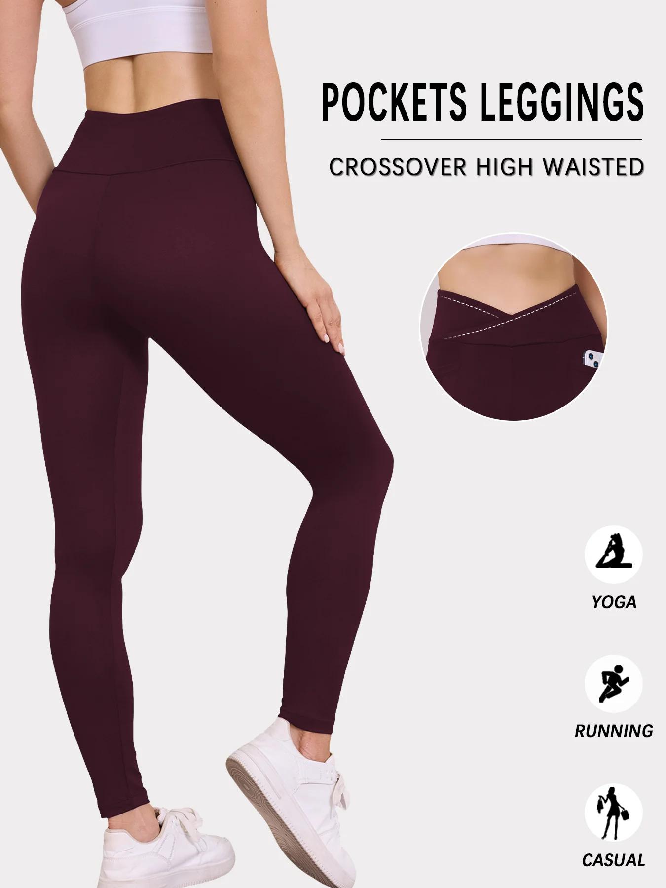 Legging taille haute croisé super doux pour femme avec poches, effet ventre plat, non transparent, i