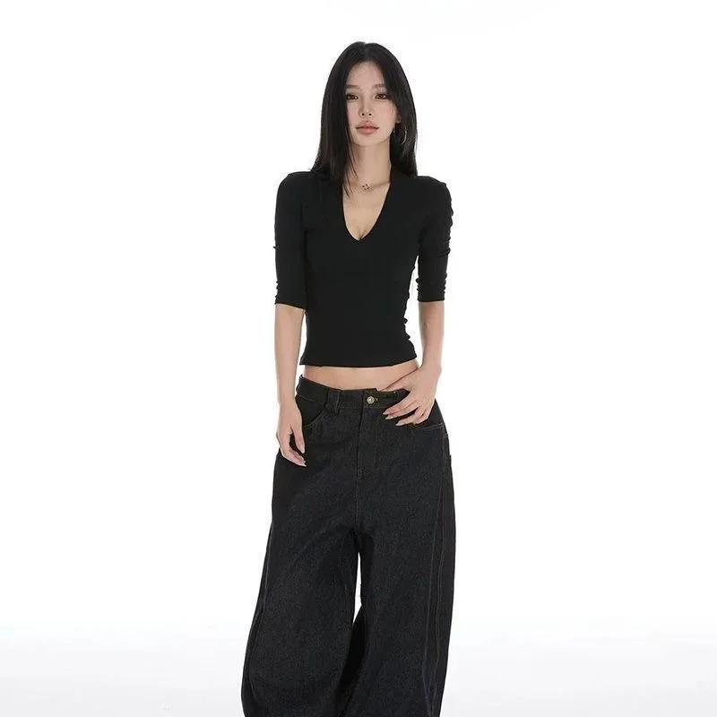 T-shirt court noir Y2K pour femme, col en V, épaules tombantes, manches courtes, coupe slim, décontr