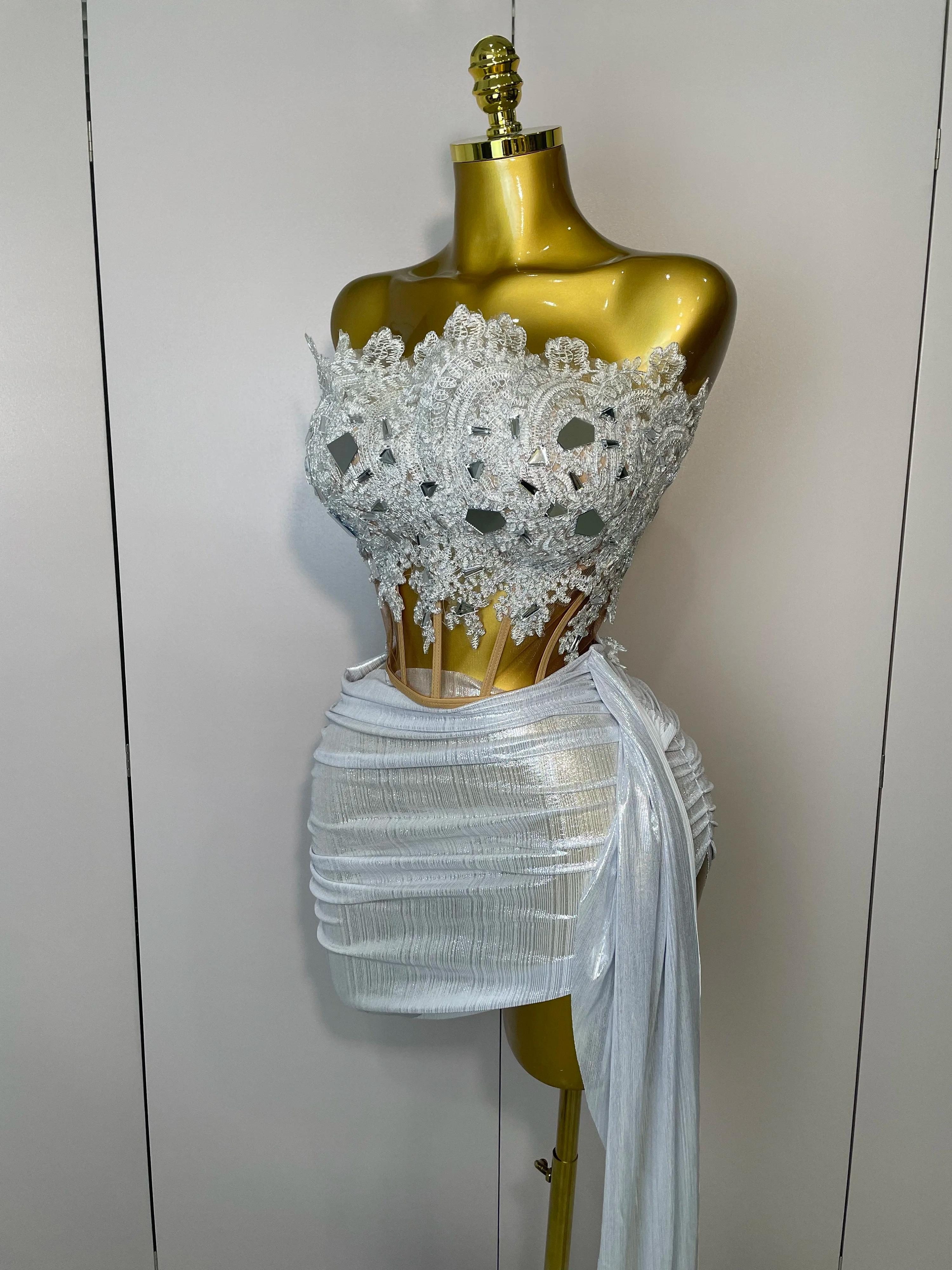 Robe courte sans bretelles à paillettes argentées scintillantes, ensemble de 2 pièces pour femmes, f