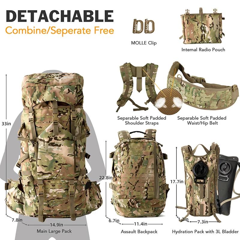 Sac à dos tactique militaire ILBE 120L imperméable 1000D avec pochette hydratation et radio camouflage