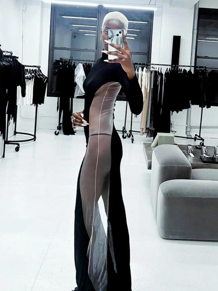Robe transparente noire pour femme, pull long tambour, vêtements slim, streetwear sexy, patchwork en