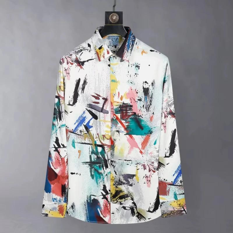 Chemise en polyester pour homme 2026 avec imprimé graffiti, manches longues, coupe ajustée, streetwe
