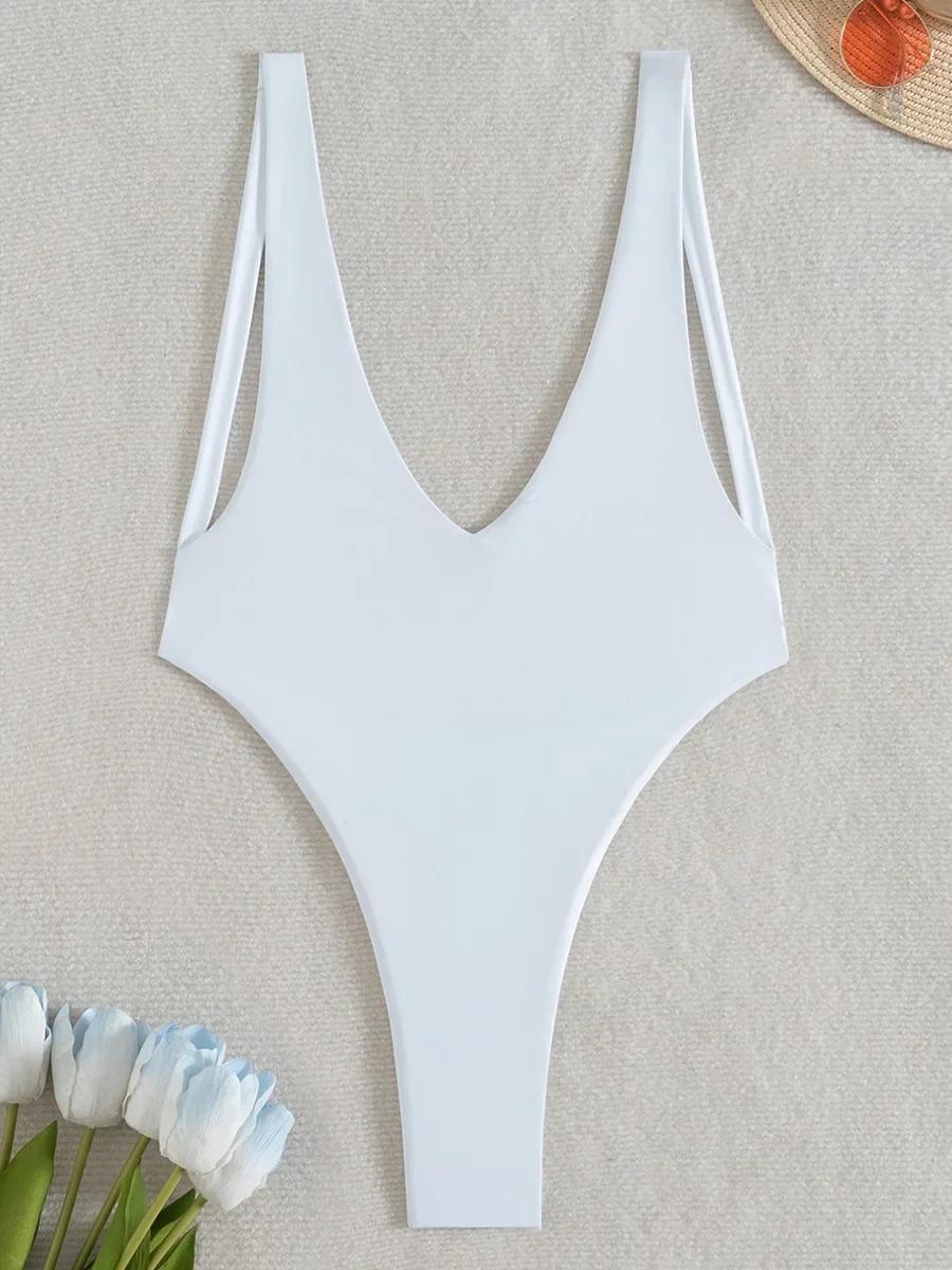 Maillot de bain une pièce pour femme, décolleté en V profond, coupe haute, string, dos nu, monokini,