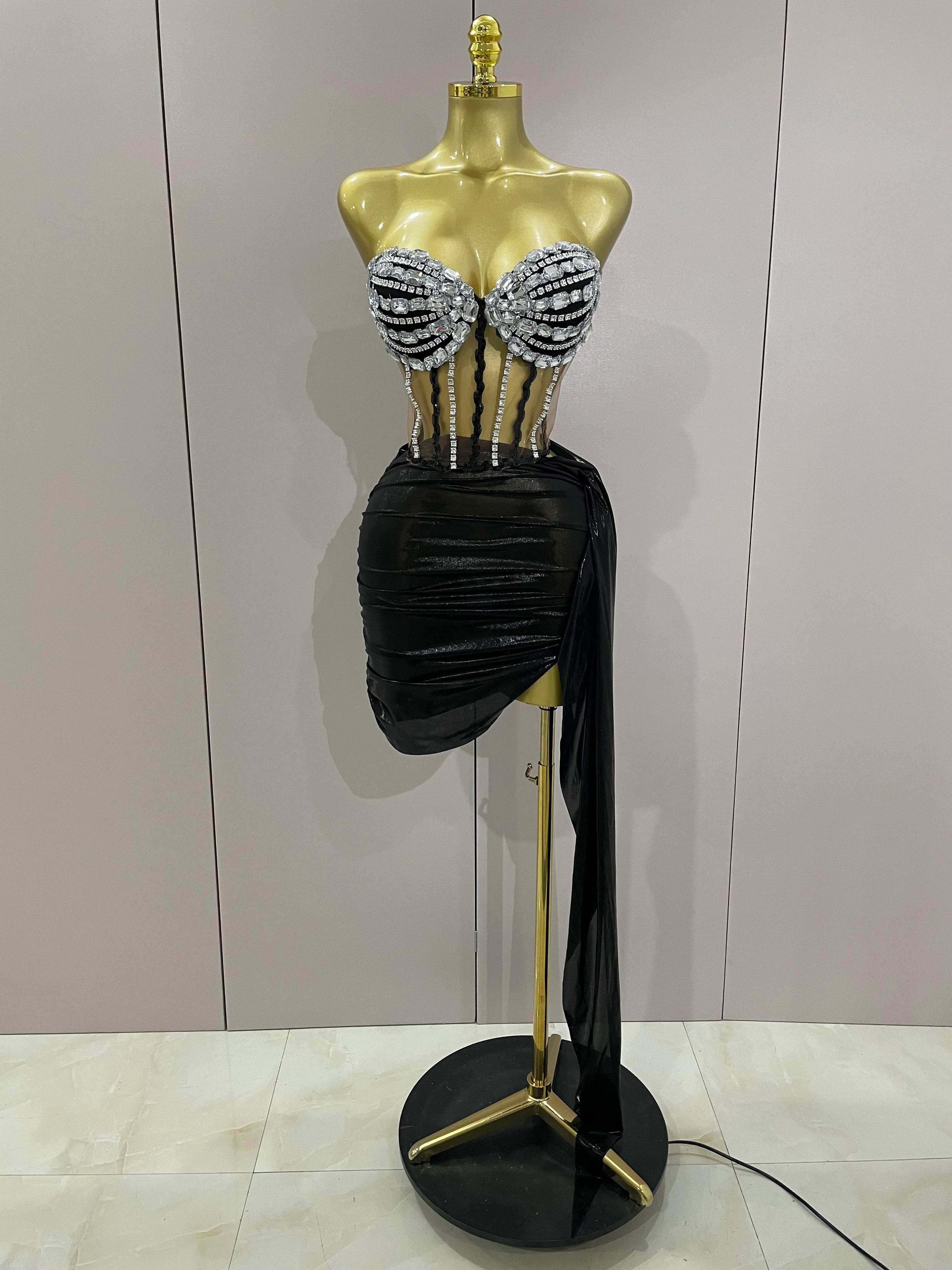 Sexy brillant strass paillettes 2 pièces haut jupe ensemble 2025 femmes célébrité soirée scène disco