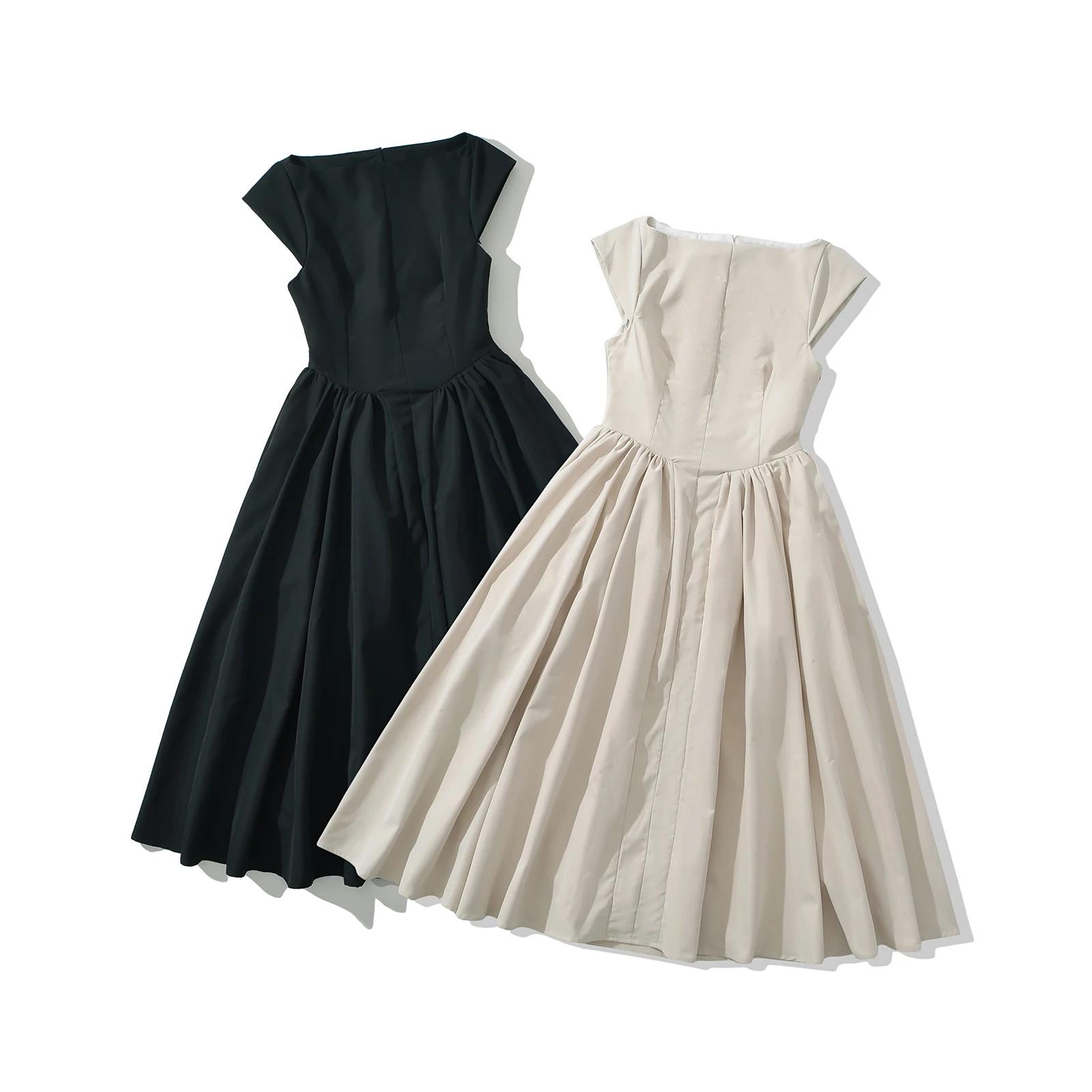 Robe mi-longue taille basse à manches courtes pour femmes, col slash sexy, dos nu évidé, robe trapèz