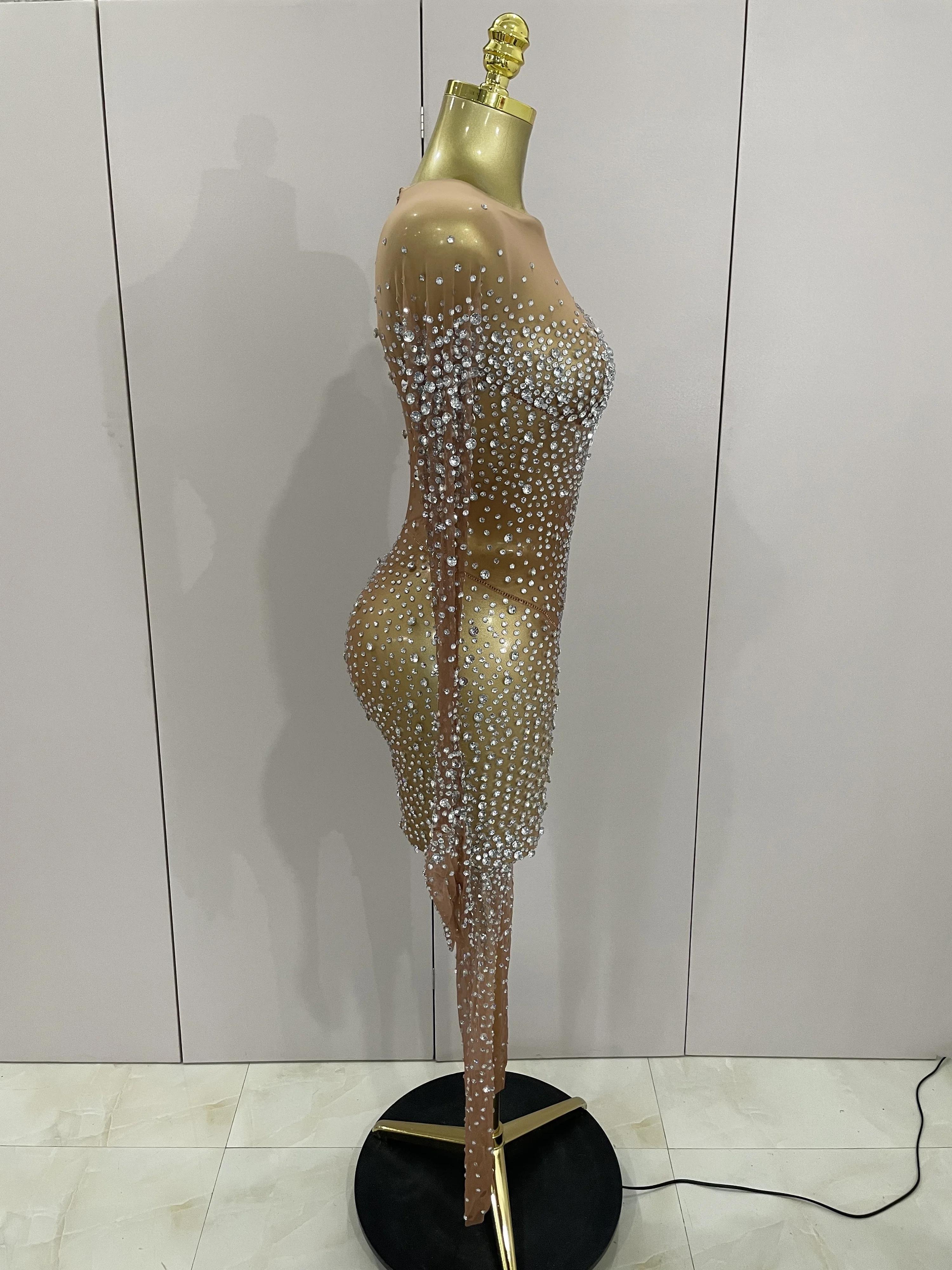 Combinaison de luxe en maille transparente pour femmes, strass scintillants, Sexy, moulante, robe d'