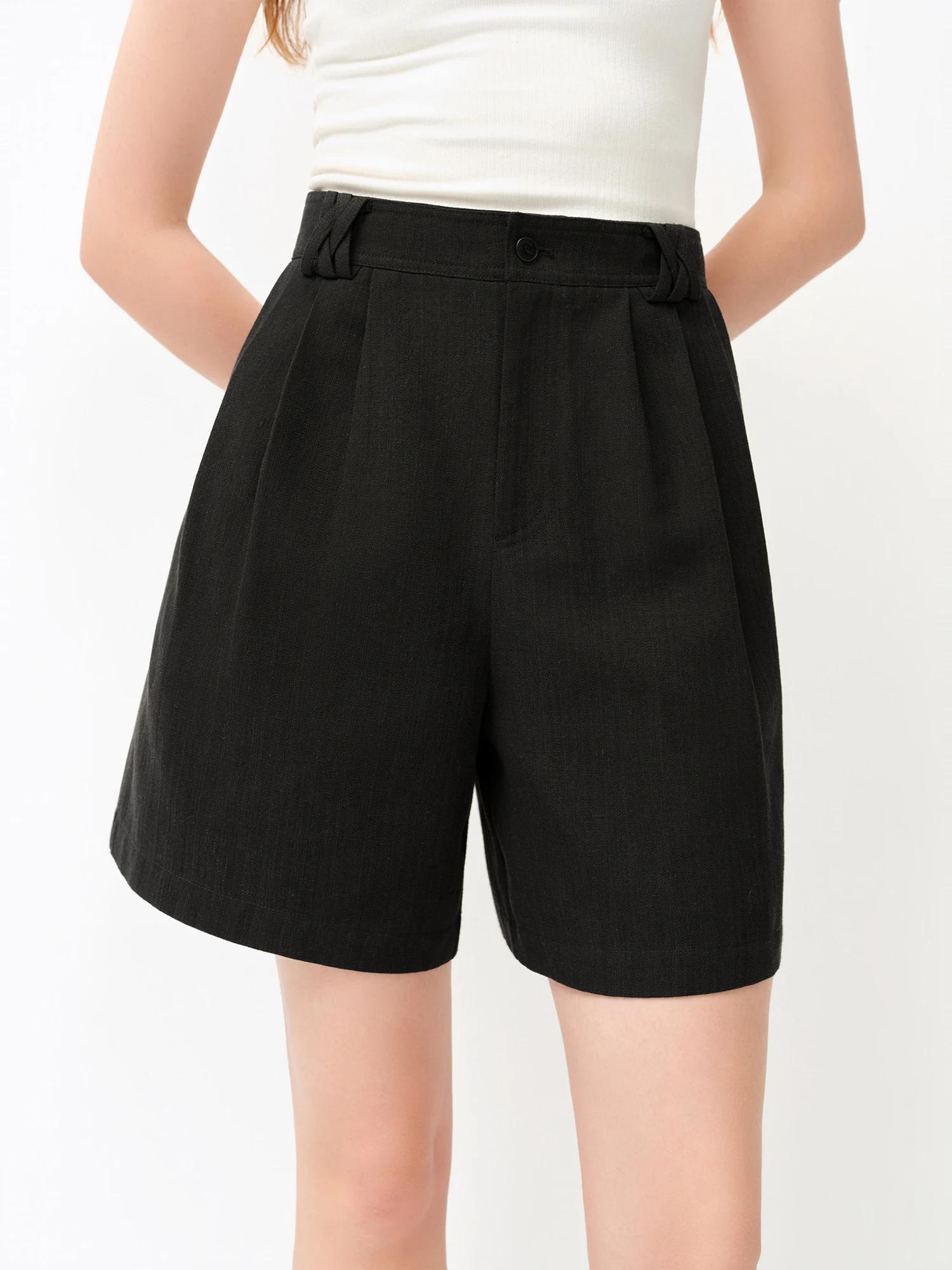 Shorts décontractés classiques en mélange de lin pour femme FSLE 2026 - Couleur unie, coupe régulièr