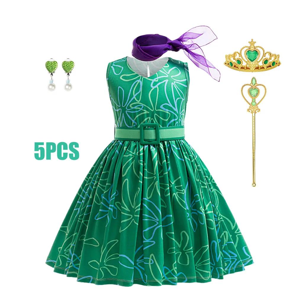 Robe verte imprimée complète pour enfants filles, 3 pièces, robe Cosplay + écharpe + ceinture, dégui