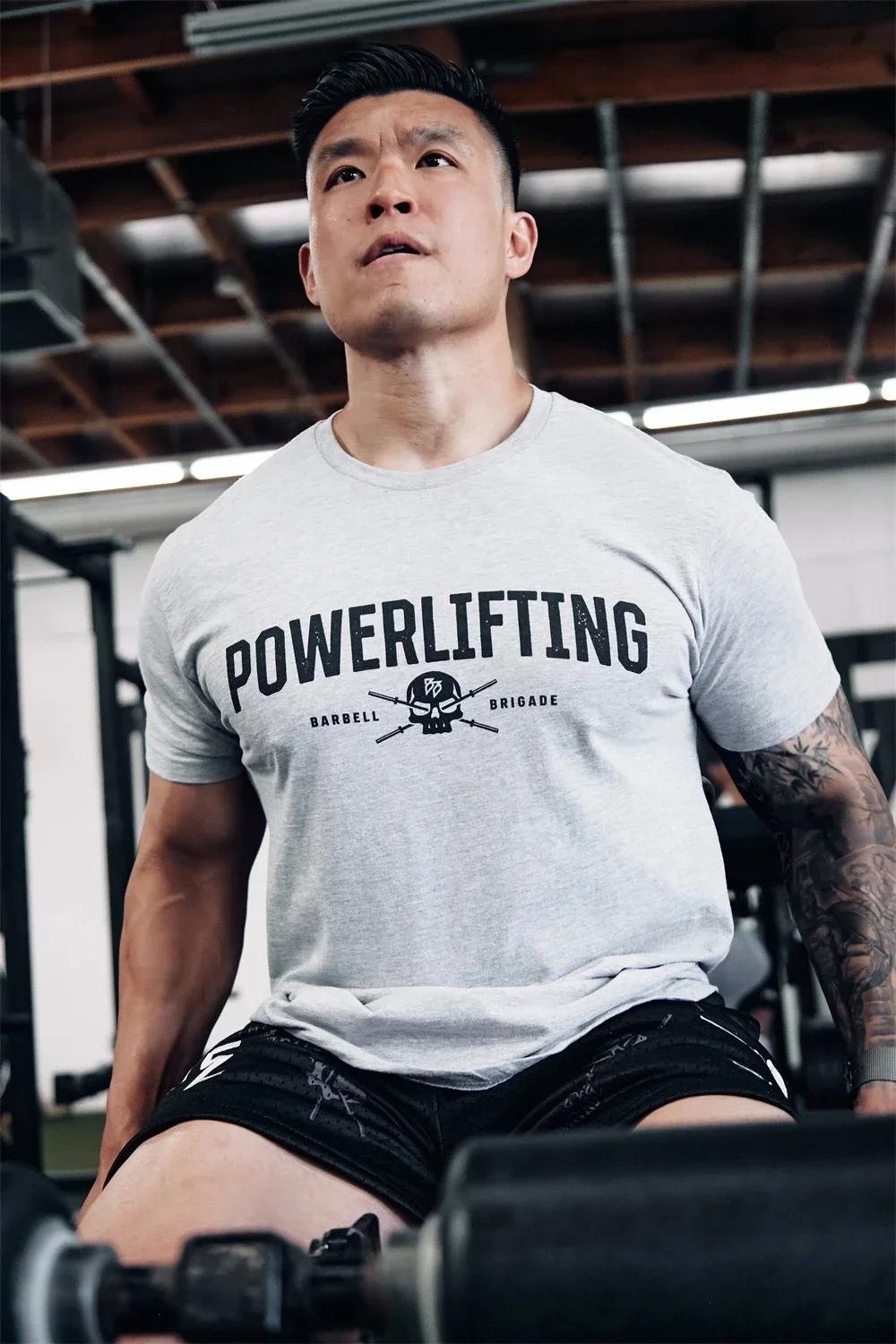 T-Shirt à manches courtes pour hommes, avec haltères, crâne, Fitness musculaire, entraînement, cours