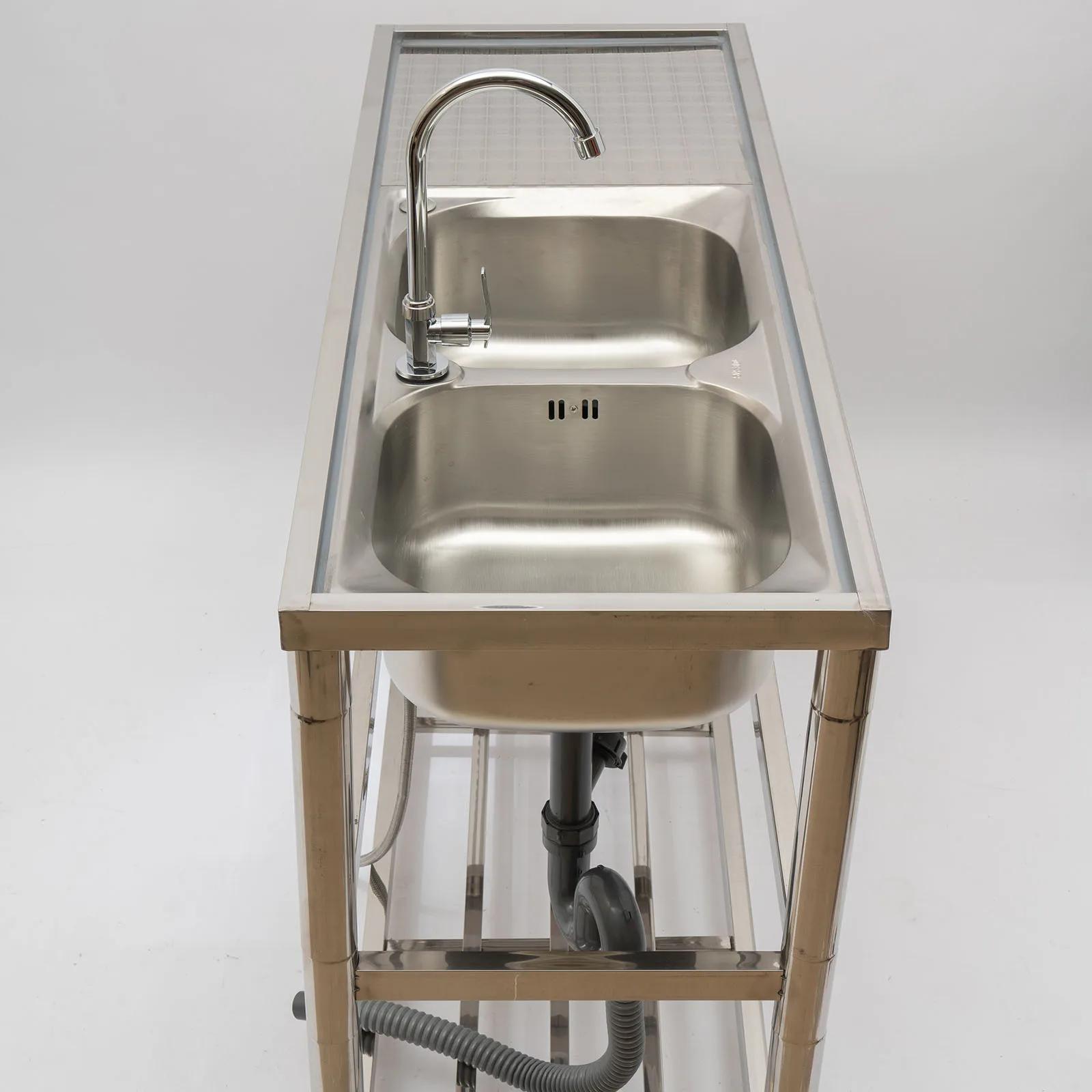 Évier utilitaire commercial en acier inoxydable, évier de cuisine à 2 compartiments avec table de pr