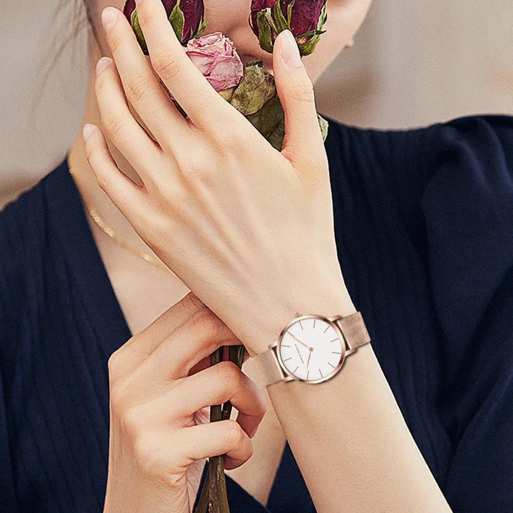 Montre-Bracelet pour femmes, 1 ensemble, mouvement à Quartz japonais, Simple, or Rose, maille en aci