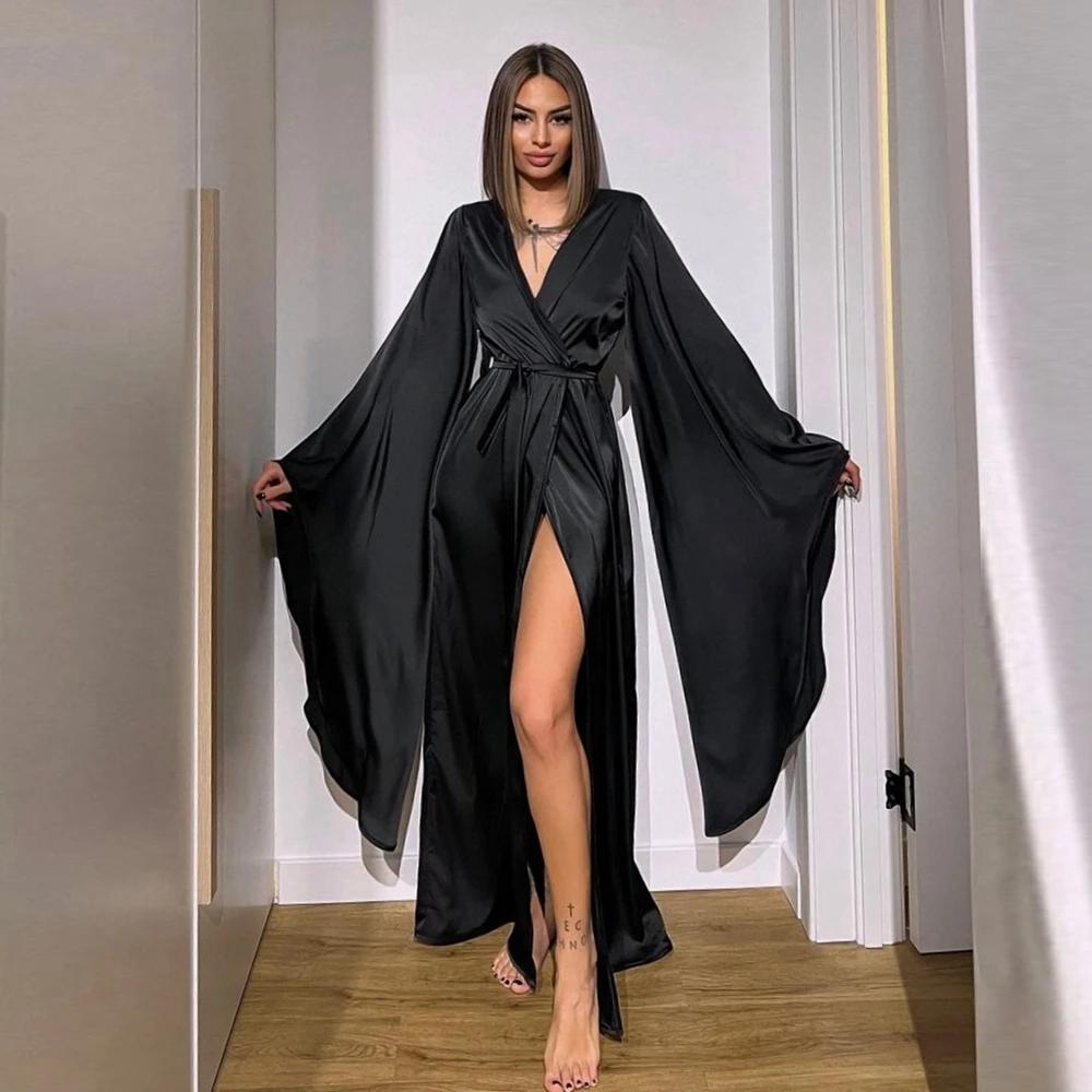 Robe de soirée en satin noir, sexy, col en V, manches évasées, en taffetas, pour bal de promo, robes