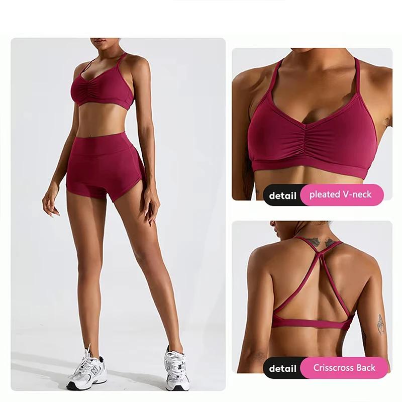 Soutien-gorge de sport sexy froncé pour femme, haut de gym, haut de course à dos croisé, vêtements d