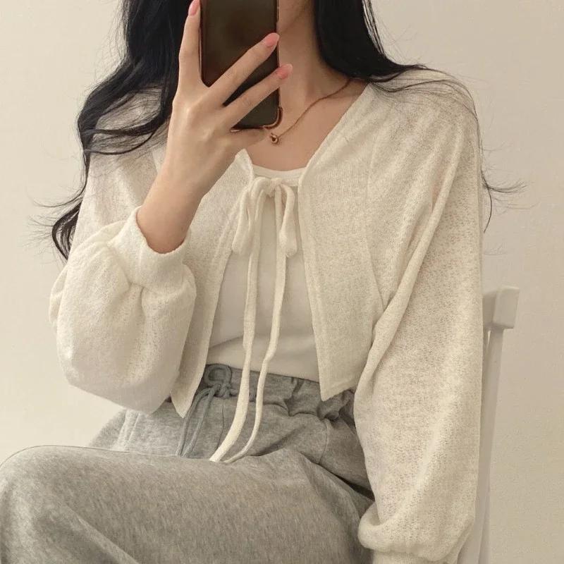 Cardigan blanc fin pour femmes, protection solaire d'été, tricot à lacets, hauts pour dames, Style c